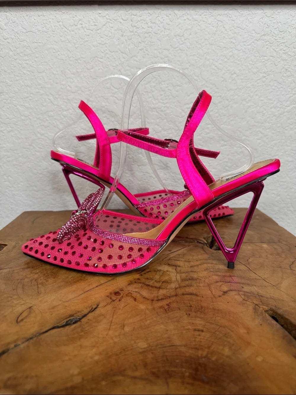 NINETY UNION GLORIA FUCHSIA RHINESTONE MESH TRIANGLE HEEL PONTED TOE PUMPS NWT